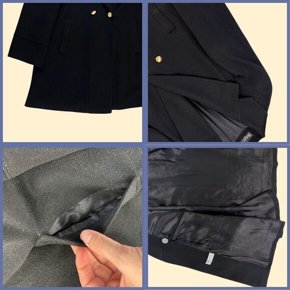 70s/80s wool trench coat by Holly Deb, vintage black jacket w gold-toned buttons - Picture 2 of 9